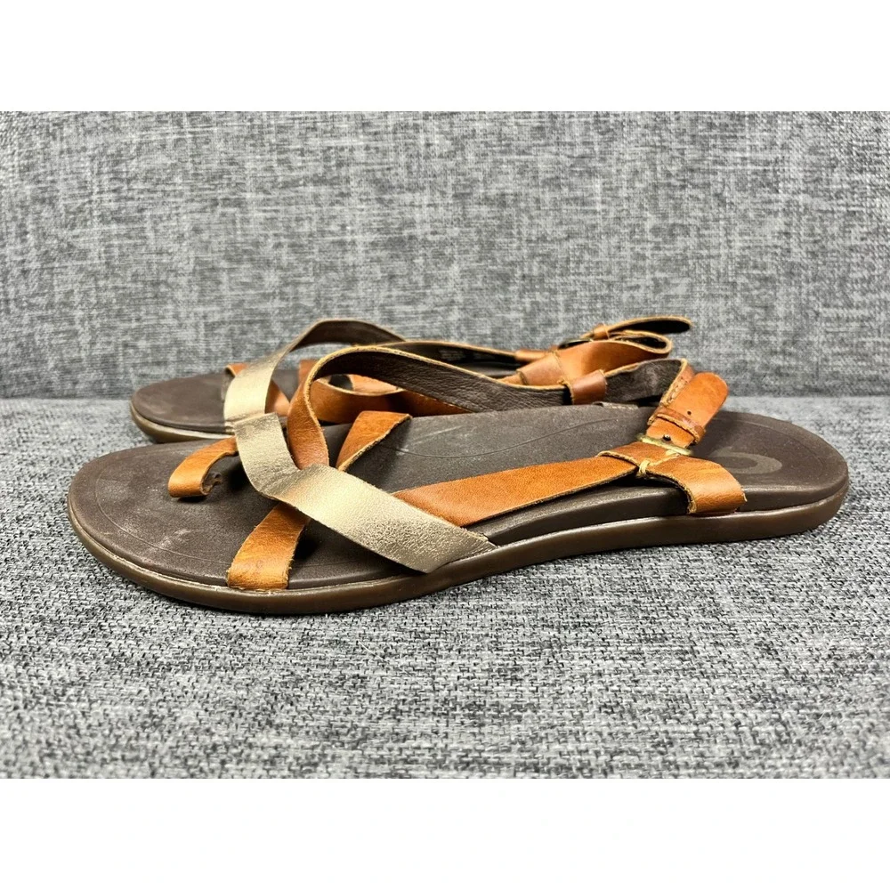 OluKai Upena Sandals Womens 9 Kona Coffee Champagne Leather Strappy